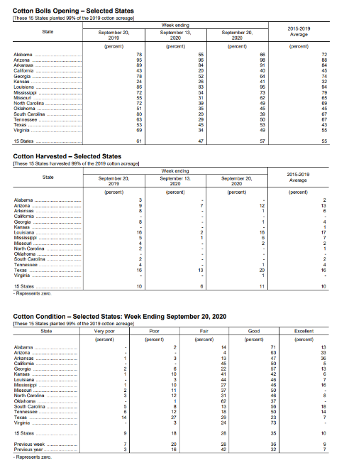 美国棉花生产报告：美棉收获进度为11% 优良率为45%